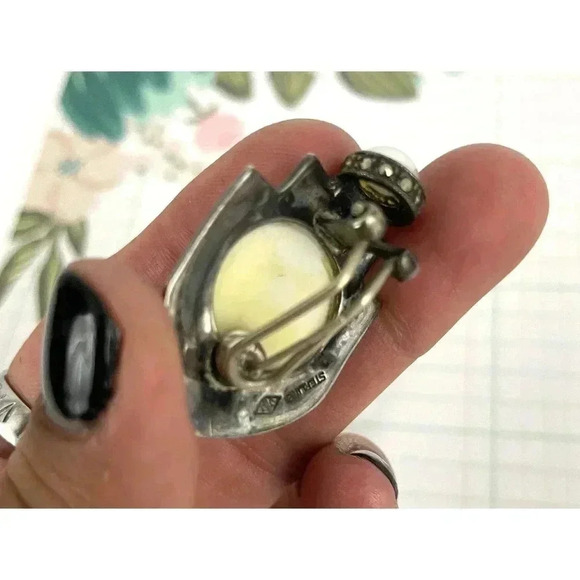 VTG Judith Jack Sterling Silver Faux Pearl Marcasite Earrings JJ Signed 19 Grams - Picture 11 of 16